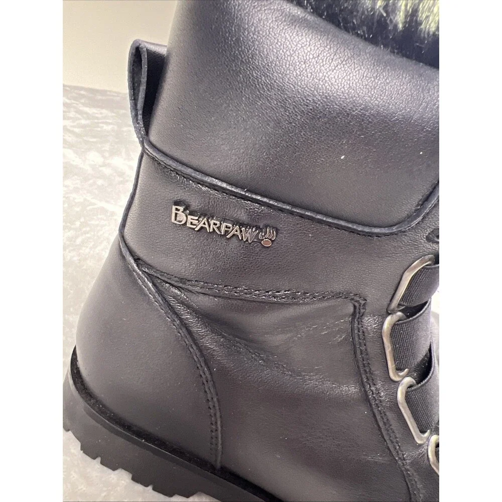 BEARPAW Vivian BOOT 7 Black SHEEP Nappa LEATHER Ankle Short Hiking Biker Fur